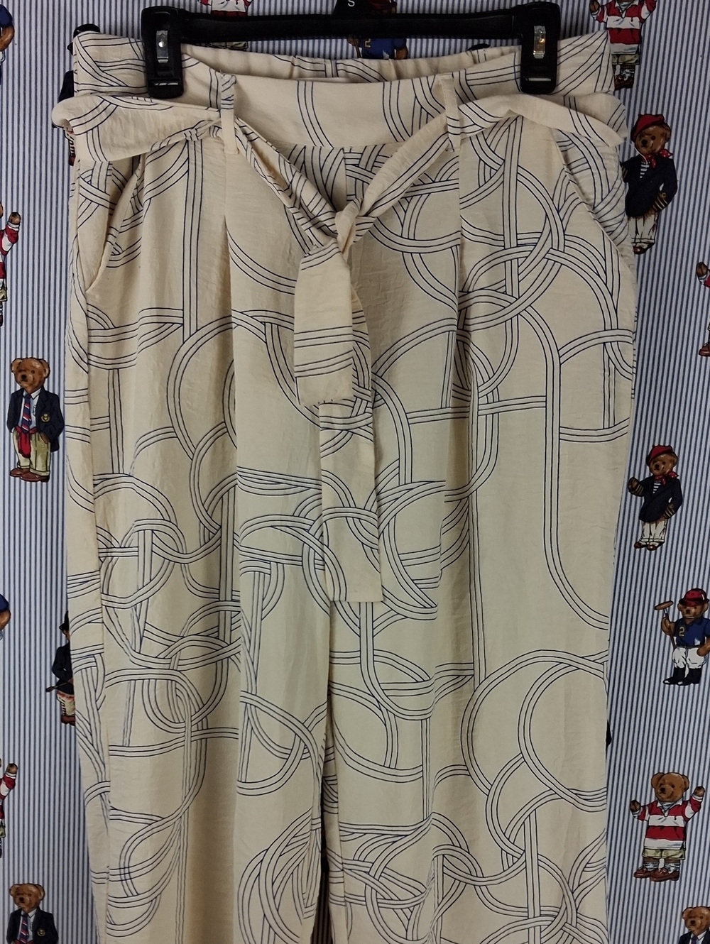 Women's Haver & Blair Woven Wide Leg Pull On Crop Lightweight Cream & Blue Pants